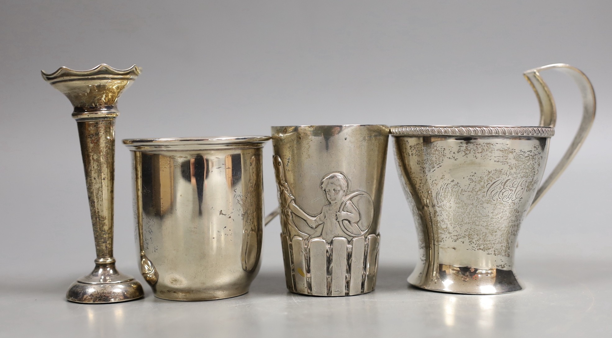 A Siamese sterling two handled ice pail with tongs, height 12.5cm, together with a cased set of six teaspoons with tongs, a silver compact a silver Vogel travelling timepiece on albert chain, three silver condiments, two